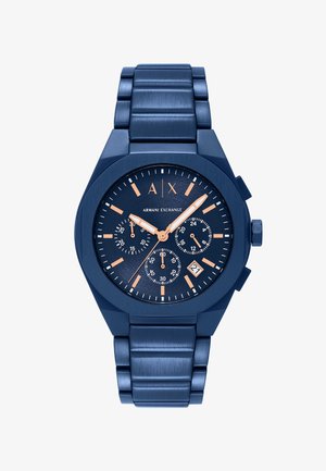 Orologio da polso in metallo blu Armani Exchange con quadranti cronografici, lancette e indici in oro rosa e datario alle ore 4.