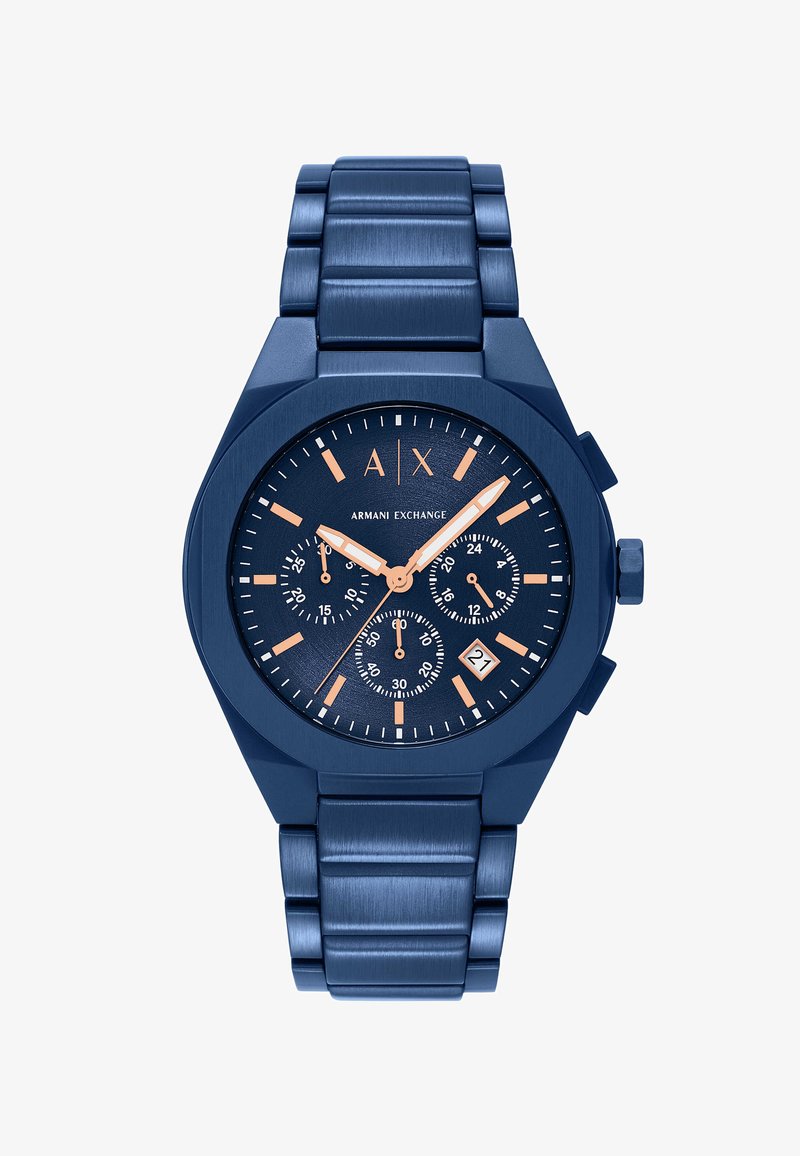Blaue Armani Exchange Metalldamenuhr mit Chronographenzifferblättern, roségoldenen Zeigern und Markierungen sowie Datumsanzeige bei 4 Uhr.