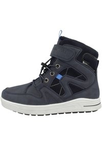Navy blue mid-top sneaker featuring leather and mesh materials, with white sole, contrasting blue accents, and lace-up design.