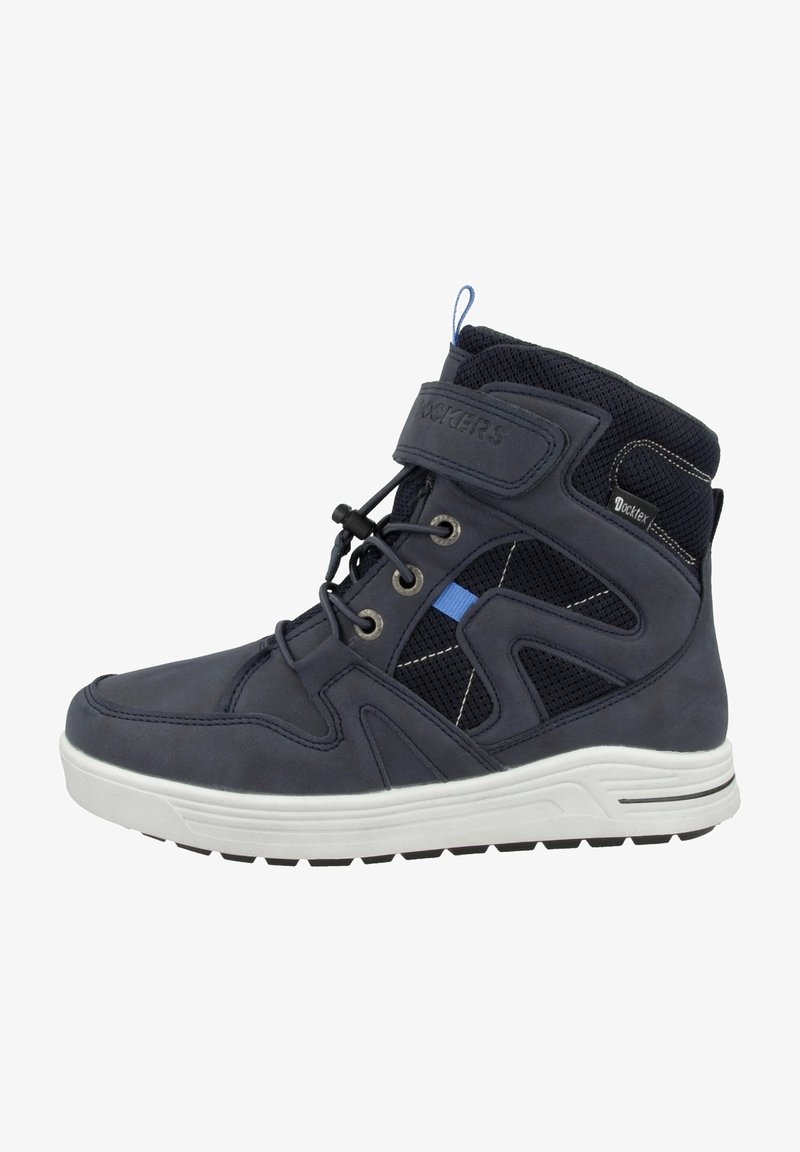 Navy blue mid-top sneaker featuring leather and mesh materials, with white sole, contrasting blue accents, and lace-up design.