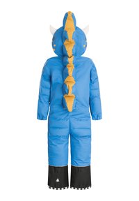 Blå puffy vinterdragt med dragedesign. Har gule pigge, hvide ører og sorte manchetter. Materialet er skinnende og isoleret for varme.