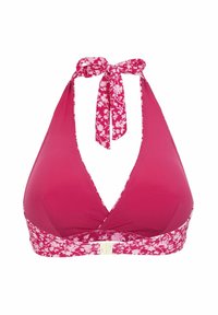 Rosa halterneck bikiniöverdel med blommönstrade band, djup V-ringning, justerbar knytning och enfärgad kropp.