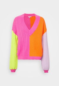 Dzianinowy sweter z dekoltem w serek, z blokami kolorów w odcieniach różu, pomarańczu, �żółci i lawendy. Teksturowana tkanina z prążkowanymi mankietami.