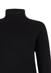 Schwarzer Strick-Rollkragenpullover mit langen Ärmeln und geripptem Kragen, gezeigt vom oberen Brustbereich bis zu den Schultern auf weißem Hintergrund.