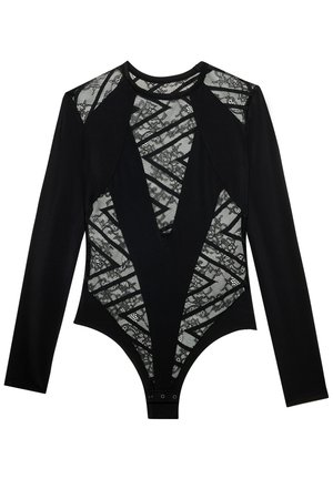 Body negro de manga larga con paneles de encaje floral transparente en patrones geométricos en el frente y los hombros, con cierres a presión en la entrepierna.