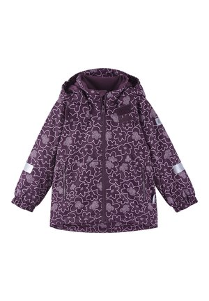 Giacca viola con motivo floreale bianco, cappuccio, polsini elastici e tasche laterali. Presenta una chiusura frontale con zip e accenti riflettenti.