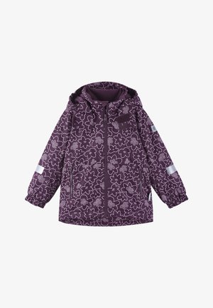 Giacca viola con motivo floreale bianco, cappuccio, polsini elastici e tasche laterali. Presenta una chiusura frontale con zip e accenti riflettenti.