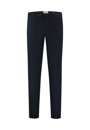Pantalon habillé slim fit bleu marine pour homme avec passants de ceinture, fermeture par bouton et poches avant.