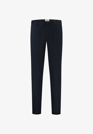 Pantalon habillé slim fit bleu marine pour homme avec passants de ceinture, fermeture par bouton et poches avant.