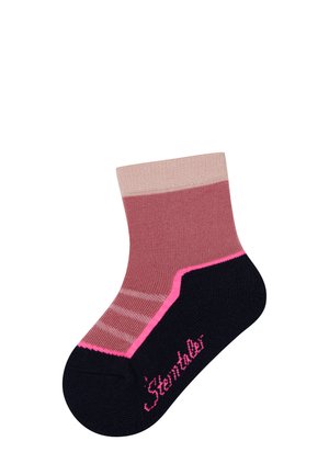 Bunte Socke mit einem Design in Pink, Kastanienbraun und Marineblau sowie gestreiften Mustern. Hergestellt aus weichem Material, mit pinken Akzenten und Logo.