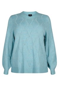 Maglione lavorato a maglia di colore azzurro chiaro con motivo a diamante, scollatura rotonda e maniche lunghe leggermente a sbuffo. Realizzato in un materiale morbido e dalla texture piacevole.