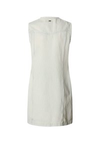 Ärmelloses weißes Kleid mit vertikalen hellgrauen Streifen, das eine Passe-Naht im oberen Rückenbereich und ein kleines rechteckiges Etikett in der Nähe des Kragens aufweist.