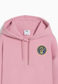 Felpa con cappuccio rosa caratterizzata da un logo rotondo con accenti blu e gialli, lacci per il cappuccio e texture morbida. Etichetta del marchio visibile all'interno.