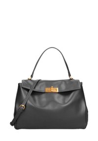 Borsa a mano in pelle nera con un design strutturato, dotata di chiusura con clasp dorato, manico superiore e una tracolla removibile.