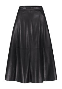 Jupe en cuir noir avec un design évasé, présentant une taille haute, des coutures verticales et une texture lisse.