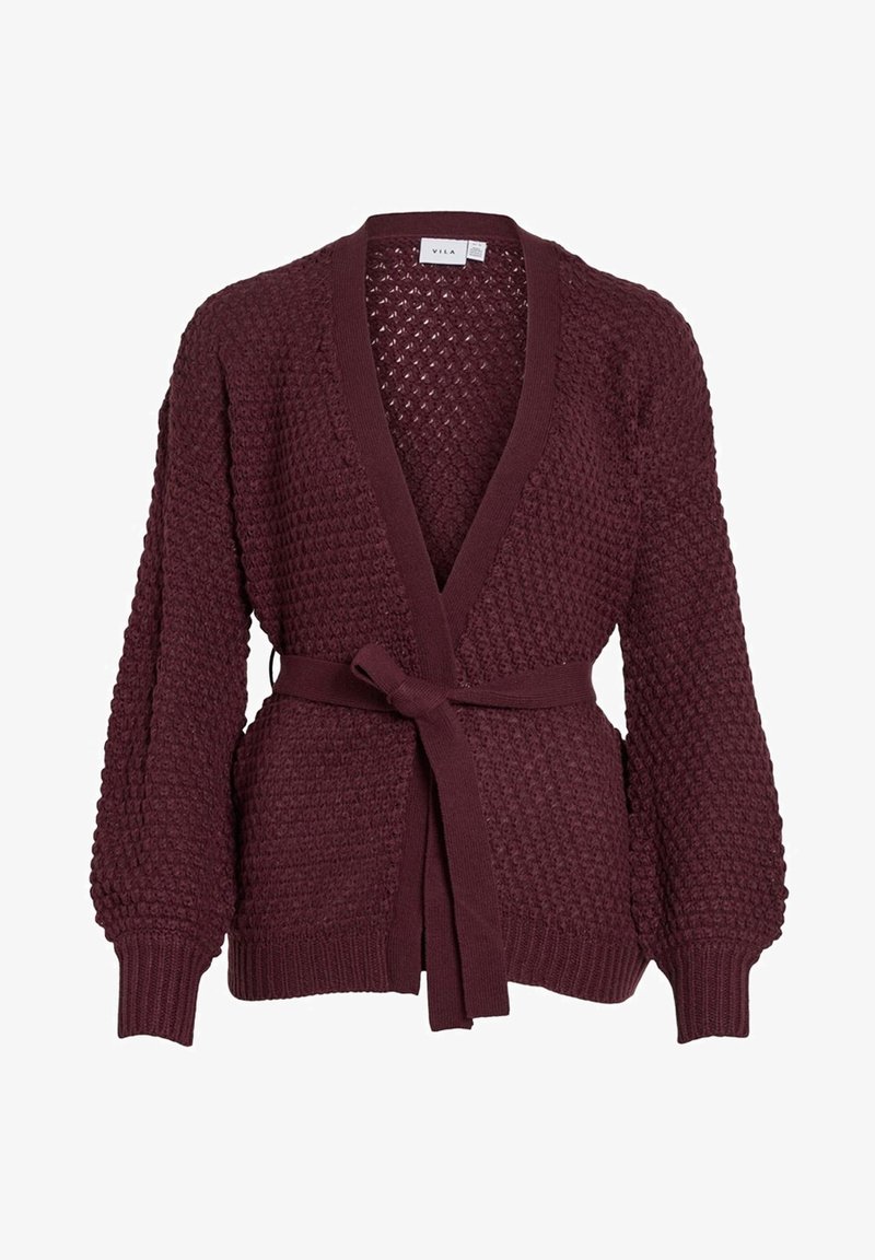 Cardigan en maille bordeaux avec motif texturé, manches longues bouffantes, poignets et ourlet côtelés, devant ouvert avec ceinture en tissu assortie nouée à la taille.