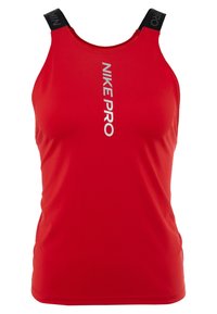 Débardeur de sport rouge en tissu extensible, avec un col rond, des bretelles larges, et le logo "NIKE PRO" imprimé verticalement en argent.
