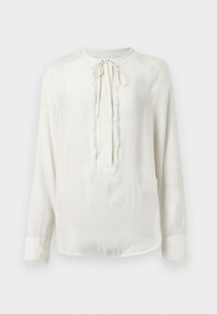 Weiße Langarmbluse mit runder Ausschnitt und Bindeschluss. Hat eine strukturierte Borte entlang der Vorderseite und an den Ärmelabschlüssen. Glattes Stofffinish.