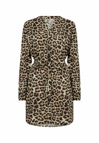 Leopardmönstrad klänning i brunt och svart, tillverkad av mjuk tyg, med knäppning framtill, långa ärmar och detalj med knytband i midjan.