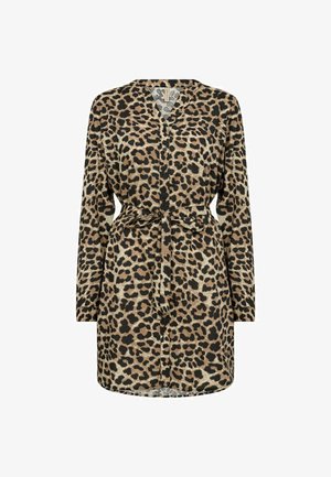 Leopardenmuster Kleid in Braun und Schwarz, aus weichem Stoff, mit Knopfleiste, langen Ärmeln und einem Bindegürtel.