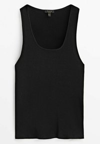 Débardeur noir côtelé avec un col rond, sans manches, et un tissu texturé. Simple et polyvalent dans son style.