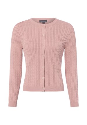 Pink gestrickter Zopfmuster-Cardigan mit langen Ärmeln und Knöpfen vorne, mit rundem Ausschnitt und gerippten Bündchen und Saum.
