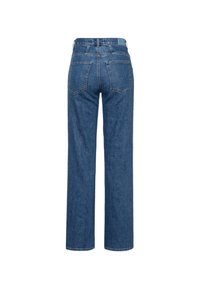 Blauwe spijkerbroek, recht model, vijf-pocketstijl, lichte vervaging op de stof en een tailleband met een gestikte label aan de achterkant.