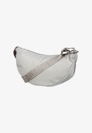 Gray fabric crescent-shaped shoulder bag with adjustable strap featuring embossed geometric pattern.