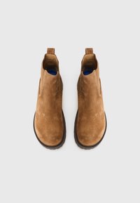 Une paire de bottes Chelsea en daim marron avec des semelles noires, vues de dessus sur un fond blanc uni.