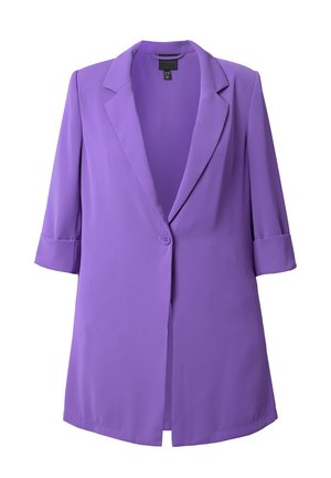 Blazer da donna viola con colletto a revers a intaglio, chiusura con un solo bottone e maniche arrotolate a tre quarti, mostrato su sfondo bianco.