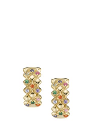 Gold hoop earrings with lattice design set with small round multicolored gemstones including green, purple, orange, pink, and blue.