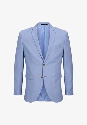 Blazer bleu clair en tissu lisse, avec des revers crantés, deux poches avant, une poche poitrine et une fermeture à deux boutons.