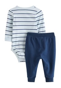 Body manches longues rayé bleu clair et bleu marine, associé à un pantalon bleu marine avec taille élastique, en coton doux.