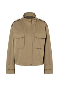 Khaki Utility-Jacke aus gewebtem Stoff, mit hohem Kragen, zwei Brusttaschen und knöpfbaren Manschetten mit verstellbaren Riemen.