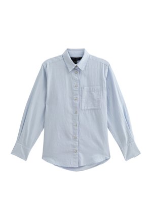 Light blue long-sleeve shirt made of soft fabric with a button front, pointed collar, a single chest pocket, and slightly curved hem.