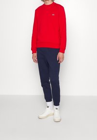 Punainen collegepusero, pyöreä pääntie, resorit hihansuissa ja helmassa, tummansinisiä collegehousuja, valkoiset tennarit, joissa on kohokuvioitu valkoinen päällinen ja kermahtava pohja, esillä henkilöllä.