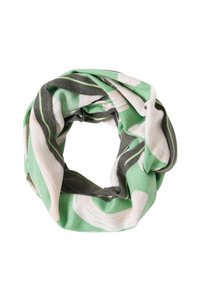 Sciarpa circolare in tessuto leggero, con base verde e vortici astratti bianchi e grigi, dalla texture morbida e liscia.