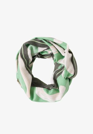 Cirkulär scarf av lätt tyg, med en grön botten och vita och grå abstrakta virvlar samt en mjuk, slät textur.