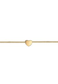Armband in Goldfarbe mit einem gedrehten Kettendesign und einem polierten Herzanhänger in der Mitte. Glatte Textur mit glänzendem Finish.
