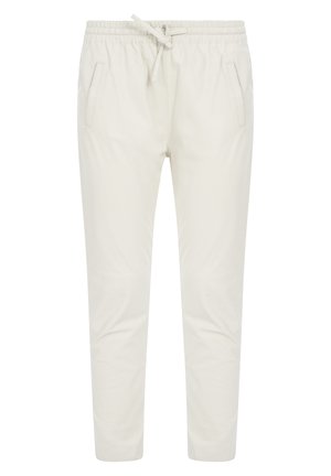 Svetlo béžové zúžené nohavice vyrobené z jemného materiálu s elastickým pásom, nastaviteľným šnúrkou a dvoma bočnými vreckami.