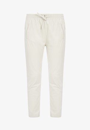 Light beige tapered pants made of a soft material with an elastic waistband, adjustable drawstring, and two side pockets.