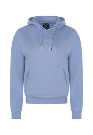 Lichtblauwe hoodie van zacht stof, met een kangoeroezak, trekkoordkap en geborduurd hartontwerp aan de voorkant.