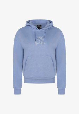 Sweatshirt capuche bleu clair en tissu doux, avec une poche kangourou, un cordon de serrage sur la capuche et un design de cœur brodé sur le devant.