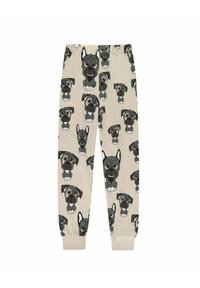 Beige sweatpants featuring a repeated print of cartoon bulldogs in black and gray with white accents. Elastic waistband and cuffs.