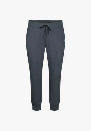 Tamne sive dukserice od mekanog materijala, s elastičnim pojasom i vezicom, rebrastim manžetama i suptilnim logotipom.