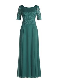 Robe longue turquoise avec un corsage en dentelle à manches courtes et une jupe en tissu fluide et lisse, dotée d'un col rond modeste.