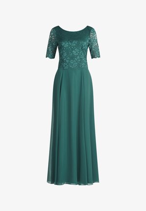 Langes türkisfarbenes Kleid mit einem Spitzen-Oberteil mit kurzen Ärmeln und einem fließenden, glatten Rock mit einem bescheidenen Rundhalsausschnitt.