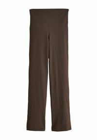 Hnedé, vertikálne pruhované nohavice so širokými nohavicami a vysokým elastickým pásom. Hladká textúra, dĺžka až po zem. Bez vreciek alebo ďalších detailov.