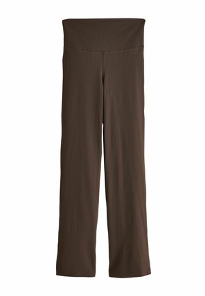 Hnedé, vertikálne pruhované nohavice so širokými nohavicami a vysokým elastickým pásom. Hladká textúra, dĺžka až po zem. Bez vreciek alebo ďalších detailov.