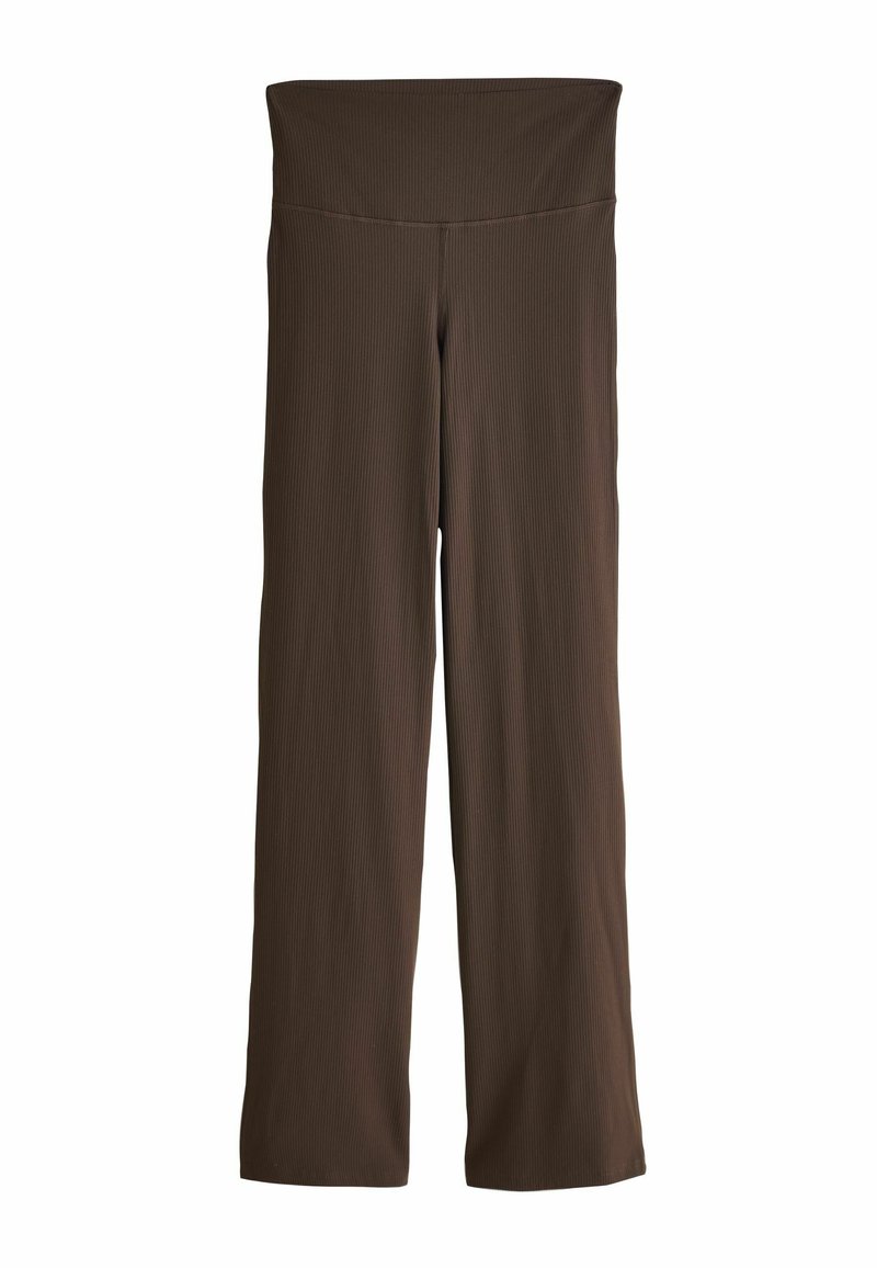 Hnedé, vertikálne pruhované nohavice so širokými nohavicami a vysokým elastickým pásom. Hladká textúra, dĺžka až po zem. Bez vreciek alebo ďalších detailov.